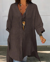 Sigrid | Damen Oversized Longbluse Hemdkragen Langarm in Dunkelbraun