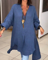 Sigrid | Damen Oversized Longbluse Hemdkragen Langarm in Dunkel Blau