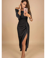 Silvana | Damen Cocktailkleid mit Langarm, Falten und Pailletten in Schwarz