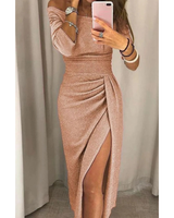 Silvana | Damen Cocktailkleid mit Langarm, Falten und Pailletten in Champagner