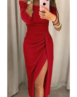 Silvana | Damen Cocktailkleid mit Langarm, Falten und Pailletten in Rot