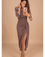 Silvana | Damen Cocktailkleid mit Langarm, Falten und Pailletten in Braun