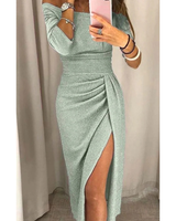 Silvana | Damen Cocktailkleid mit Langarm, Falten und Pailletten in Silbergrün