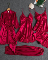 Skadi | Damen Pyjama Set mit Spitze und Morgenmantel in Rot