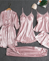 Skadi | Damen Pyjama Set mit Spitze und Morgenmantel in Rosa