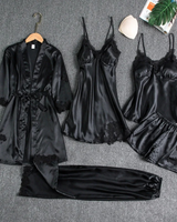 Skadi | Damen Pyjama Set mit Spitze und Morgenmantel in Schwarz