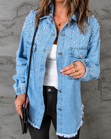Mit Perlen verzierte Jeansjacke – Émeline in Blau