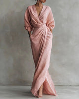 Solange | Damen V-Ausschnitt Langarm Wickelkleid in Rosa