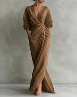 Solange | Damen V-Ausschnitt Langarm Wickelkleid in Braun