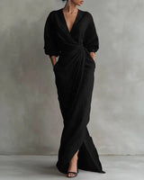 Solange | Damen V-Ausschnitt Langarm Wickelkleid in Schwarz