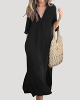 Solveig | Damen Midikleid mit V-Ausschnitt Relaxed Fit in Schwarz