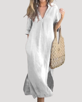 Solveig | Damen Midikleid mit V-Ausschnitt Relaxed Fit in Weiß