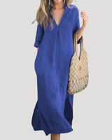 Solveig | Damen Midikleid mit V-Ausschnitt Relaxed Fit in Blau