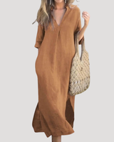 Solveig | Damen Midikleid mit V-Ausschnitt Relaxed Fit in Braun