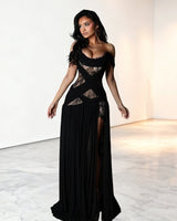Sommermaxikleider Schwarz Off-Shoulder mit Schlitz in Schwarz