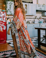 Soraya | Damen Boho Kimono Blumenprint Maxi-Länge in Orange