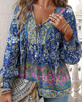 Katia - Modisches Bedrucktes Langarm Shirt Mit V-Ausschnitt in Blau