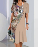 Ursulla - Elegantes Kleid Mit Rundhalsausschnitt Und Blumenmuster in Khaki