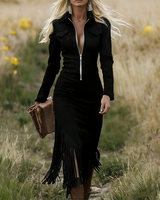 Alira – Midi-kleid MIT Kragen, Fransen Und Reißverschluss Vorne in Schwarz