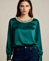 Quitterie – Satin Bluse Mit Perlenkragen in Grün