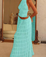 Damen Einstellbar Halter Maxi Sommerkleid in Türkis
