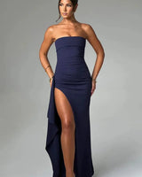 Stacy | Damen Maxikleid Schulterfrei Elegant Feminin in Blau