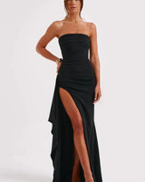 Stacy | Damen Maxikleid Schulterfrei Elegant Feminin in Schwarz