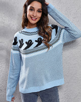 Strickpullover mit Rundhalsausschnitt und Retro-Motiv im literarischen Stil – Nerissa in Blau