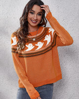 Strickpullover mit Rundhalsausschnitt und Retro-Motiv im literarischen Stil – Nerissa in Orange