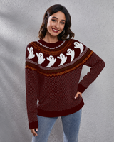 Strickpullover mit Rundhalsausschnitt und Retro-Motiv im literarischen Stil – Nerissa in Weinrot