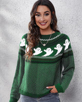 Strickpullover mit Rundhalsausschnitt und Retro-Motiv im literarischen Stil – Nerissa in Grün