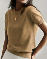 Sunniva | Damen Kurzarm Strickpullover Rundhals in Beige