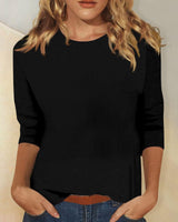 Svenja | Damen 3/4-Arm-Shirt Rundhals Basic Oberteil in Schwarz