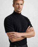 T-Shirt Herren Slim Fit Stehkragen in Schwarz
