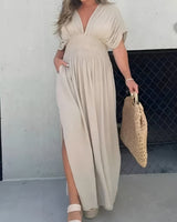 Tara | Damen Maxikleid V-Ausschnitt Fließend Elegant in Beige