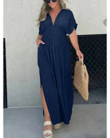 Tara | Damen Maxikleid V-Ausschnitt Fließend Elegant in Marineblau
