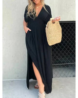 Tara | Damen Maxikleid V-Ausschnitt Fließend Elegant in Schwarz