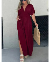 Tara | Damen Maxikleid V-Ausschnitt Fließend Elegant in Dunkelrot