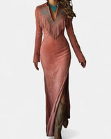 Tatjana | Damen Rosa Maxikleid im Western Stil mit Fransen und Langarm in Rosa