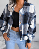Tessa | Damen Karierte Jacke mit Langarm, Knöpfen und Karomuster in Marineblau