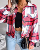 Tessa | Damen Karierte Jacke mit Langarm, Knöpfen und Karomuster in Rot