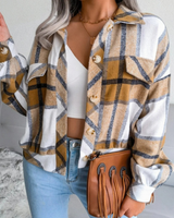 Tessa | Damen Karierte Jacke mit Langarm, Knöpfen und Karomuster in Khaki