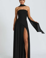 Tessa | Damen Maxikleid Elegant Raffiniert Fließend in Schwarz