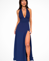 Thalassa | Damen Neckholder Maxikleid mit Schlitz in Marineblau