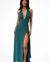 Thalassa | Damen Neckholder Maxikleid mit Schlitz in Dunkelgrün