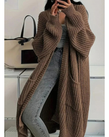 Thalia | Damen Lange Strickjacke mit Taschen und Struktur in Braun