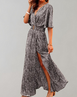 Theodoline | Damen Wickelkleid mit V-Ausschnitt Langarm in Grau