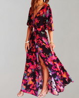 Theodoline | Damen Wickelkleid mit V-Ausschnitt Langarm in Schwarz