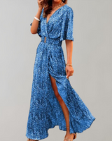 Theodoline | Damen Wickelkleid mit V-Ausschnitt Langarm in Blau