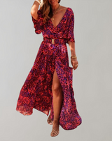 Theodoline | Damen Wickelkleid mit V-Ausschnitt Langarm in Rot